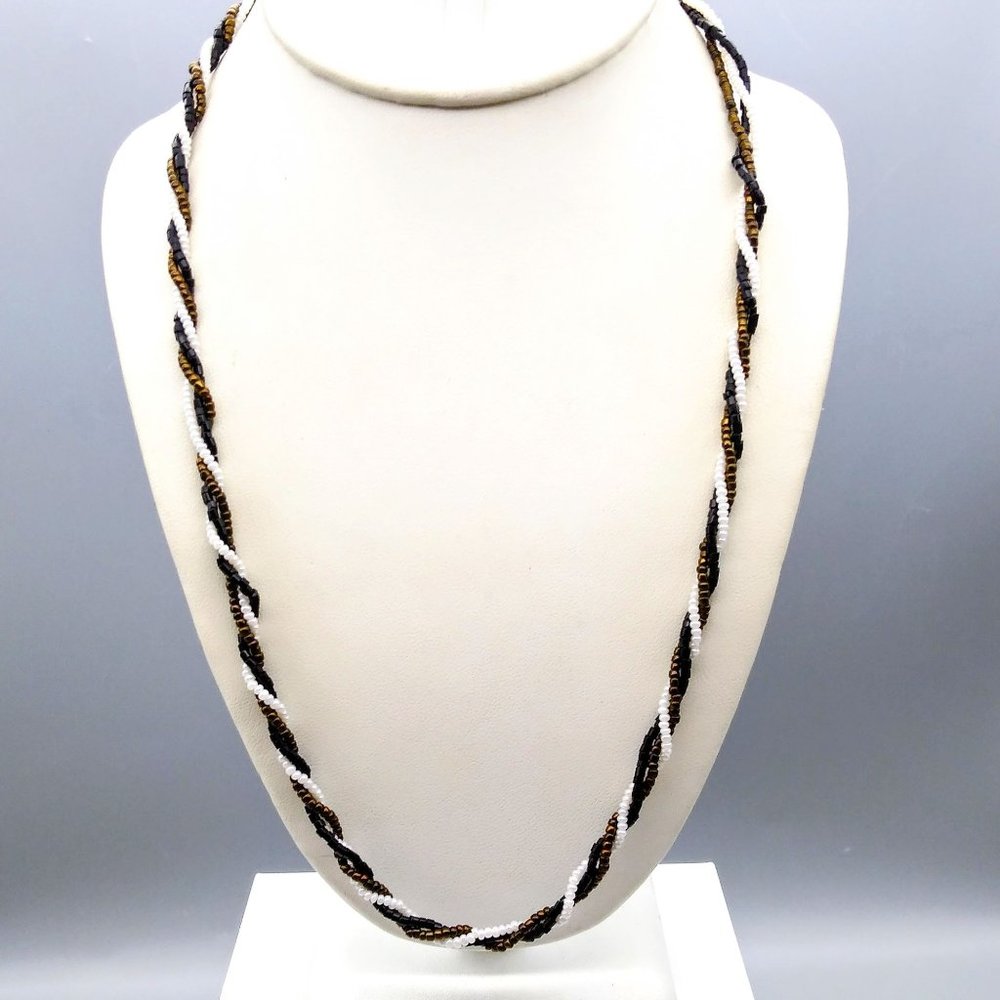 Neutral Seed Bead Torsade Necklace, White Black and Bronze Vintage Strands